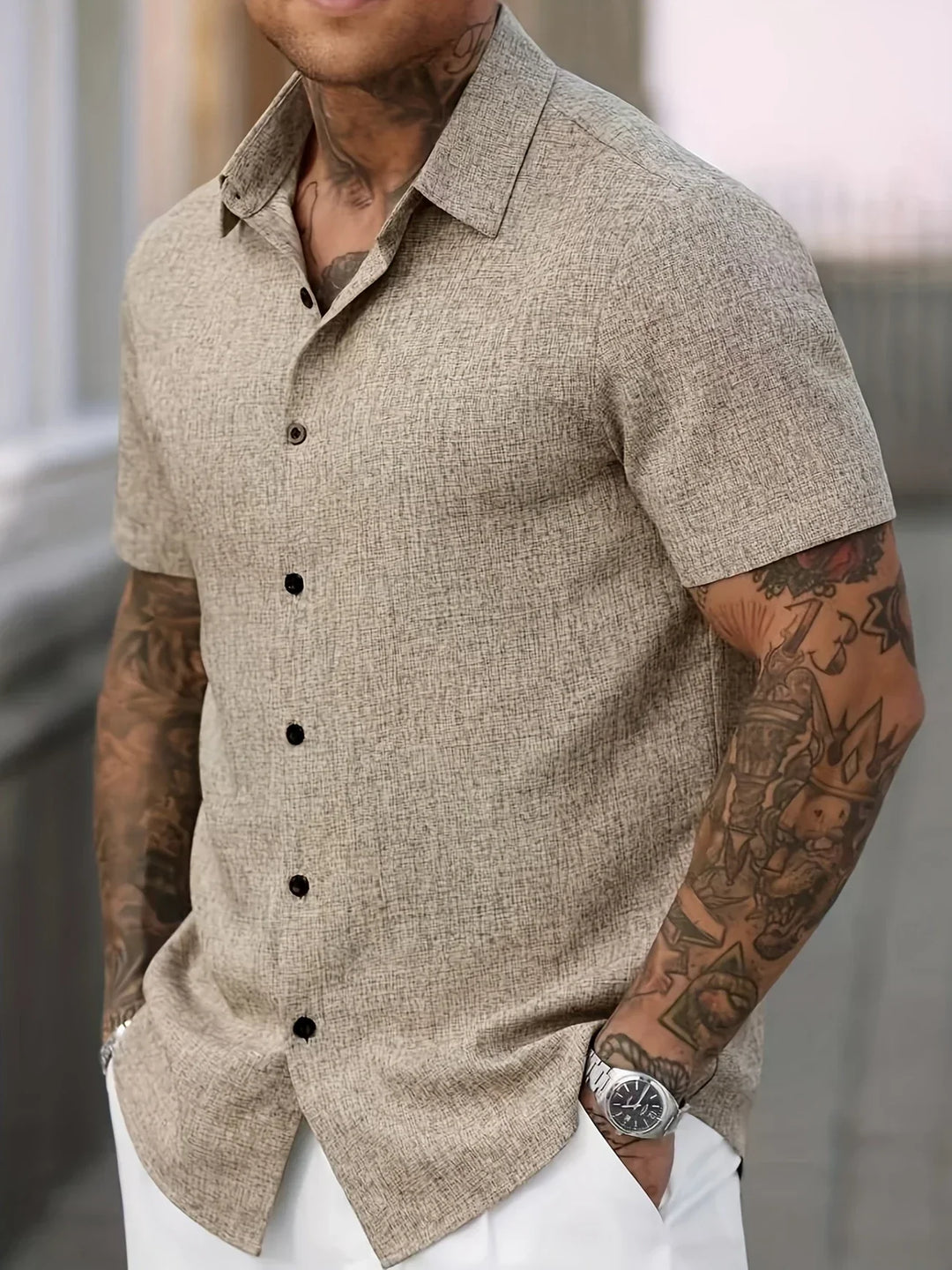 Chemise légère à manches courtes en mélange de lin